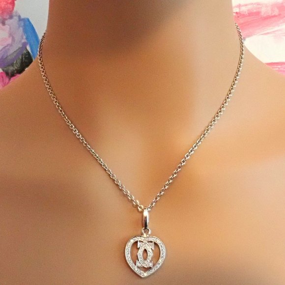 Authentic! Cartier Double C Heart 18k White Gold Diamond Pendant Necklace - Picture 4 of 11